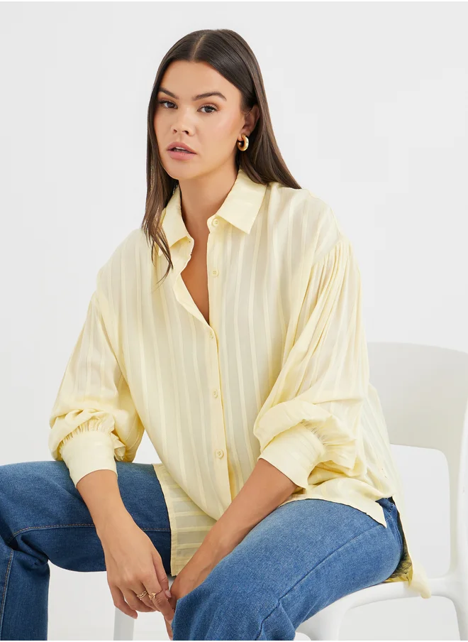 ستايلي Styli Striped Balloon Sleeve Spread Collar Shirt
