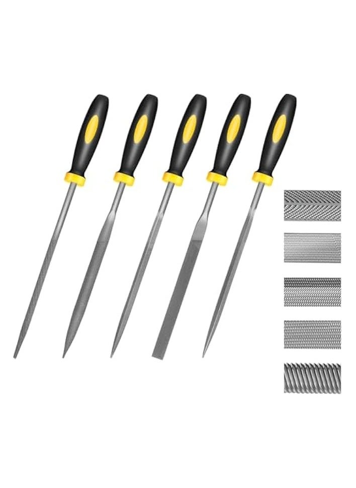 PROMASS Small Hand Metal File Set,16cm, 5pcs, Strength Alloy Steel Needle Files, Includes Round, Bi Half-Round, Flat, Square, Triangular Files. Precision Hand File Tools for Fine and Detailed Work  - Image 1