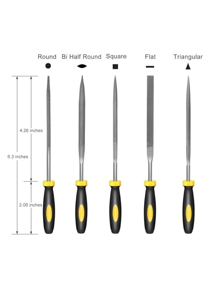 PROMASS Small Hand Metal File Set,16cm, 5pcs, Strength Alloy Steel Needle Files, Includes Round, Bi Half-Round, Flat, Square, Triangular Files. Precision Hand File Tools for Fine and Detailed Work  - Image 2