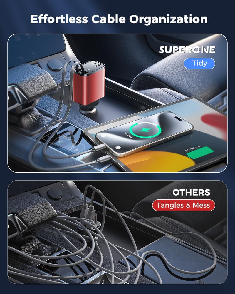 SUPERONE [2024 Upgraded] 4 in 1 Retractable Car Charger, SUPERONE Smaller Fast Car Phone Charger 69W with Cord, USB C and iPhone Car Charger Adapter, Compatible iPhone 17/17 Pro Max/16/15/14/13/12/11, Sumsung - Image 2