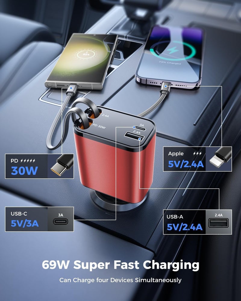 SUPERONE [2024 Upgraded] 4 in 1 Retractable Car Charger, SUPERONE Smaller Fast Car Phone Charger 69W with Cord, USB C and iPhone Car Charger Adapter, Compatible iPhone 17/17 Pro Max/16/15/14/13/12/11, Sumsung - Image 5