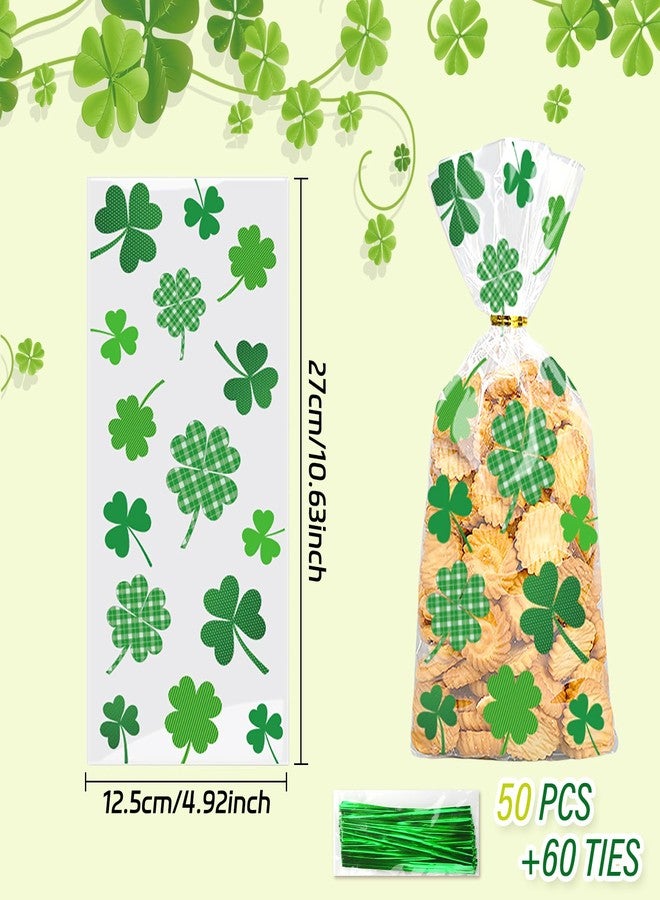 Totelux St Patricks Day Cellophane Goodie Bags Clear Plastic Bags Green Hat Shamrock Treat Bags with Ties for Cookies Candy Gift Wrapping Irish Festive Party Favor Supplies 50Pcs - Image 2