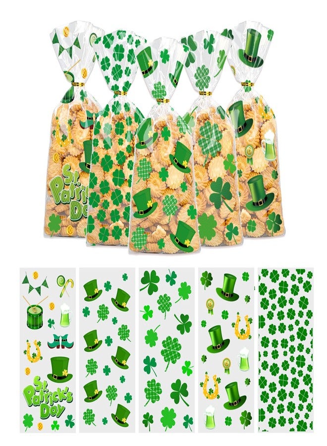 Totelux St Patricks Day Cellophane Goodie Bags Clear Plastic Bags Green Hat Shamrock Treat Bags with Ties for Cookies Candy Gift Wrapping Irish Festive Party Favor Supplies 50Pcs - Image 1