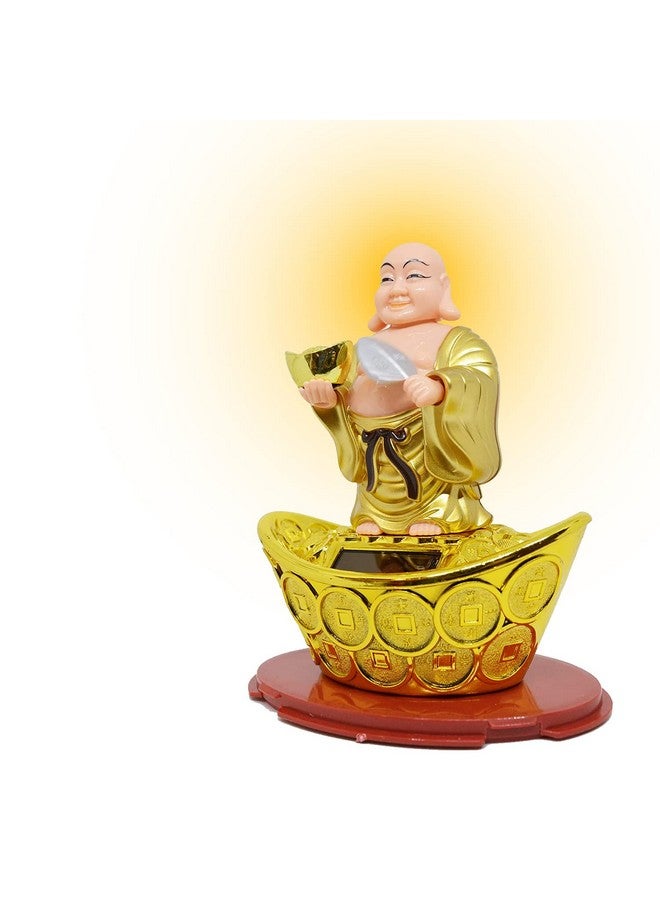 Aakriti Solar Laughing Buddha Holding Ingot & Waving Fan Moving Head & Fan for Health Wealth & Prosperity Buddha Stand on Boat (12 x 8 x 14 cm) Medium Size - Image 2