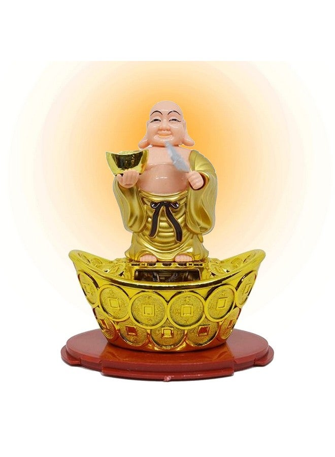 Aakriti Solar Laughing Buddha Holding Ingot & Waving Fan Moving Head & Fan for Health Wealth & Prosperity Buddha Stand on Boat (12 x 8 x 14 cm) Medium Size - Image 1