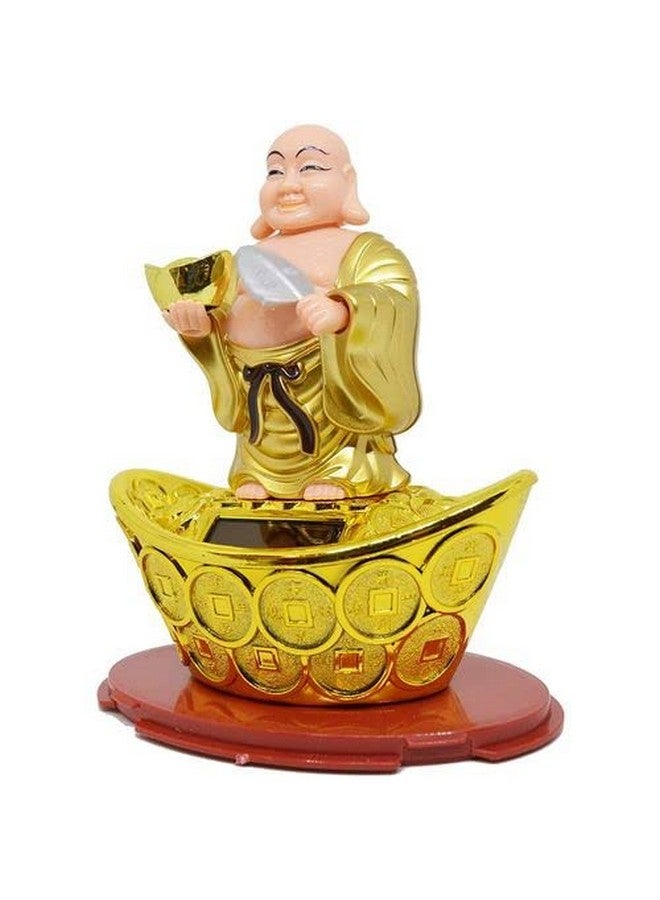 Aakriti Solar Laughing Buddha Holding Ingot & Waving Fan Moving Head & Fan for Health Wealth & Prosperity Buddha Stand on Boat (12 x 8 x 14 cm) Medium Size - Image 5
