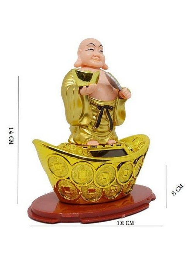 Aakriti Solar Laughing Buddha Holding Ingot & Waving Fan Moving Head & Fan for Health Wealth & Prosperity Buddha Stand on Boat (12 x 8 x 14 cm) Medium Size - Image 4