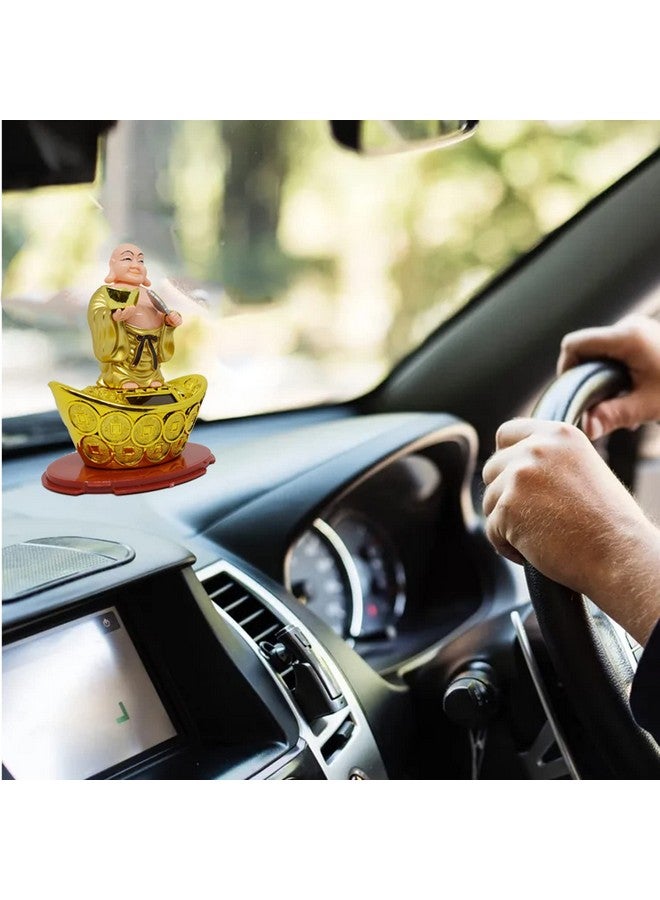 Aakriti Solar Laughing Buddha Holding Ingot & Waving Fan Moving Head & Fan for Health Wealth & Prosperity Buddha Stand on Boat (12 x 8 x 14 cm) Medium Size - Image 3