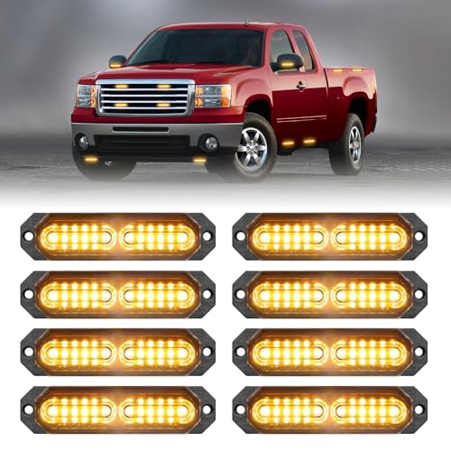 HLauto 1200T Emergency Strobe Grille Lights: 8pcs 12 LED Sync Feature Safety Warning Flashing Lights, Ultra Slim Surface Mount Hazard Caution Lights for Trucks, Vehicles, Car, ATV, UTV (Amber) - Image 1