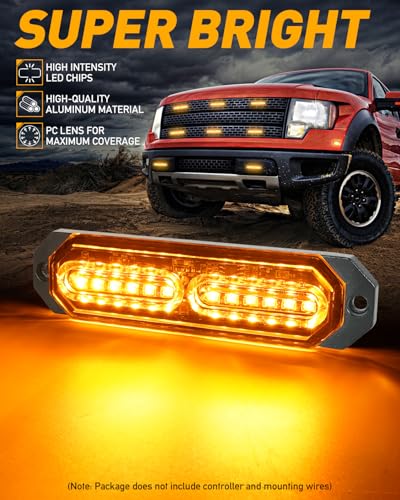 HLauto 1200T Emergency Strobe Grille Lights: 8pcs 12 LED Sync Feature Safety Warning Flashing Lights, Ultra Slim Surface Mount Hazard Caution Lights for Trucks, Vehicles, Car, ATV, UTV (Amber) - Image 2
