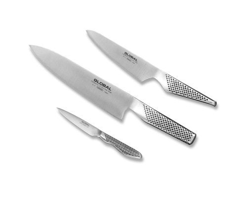 Global 3 Piece Starter Set - 8 inch Chef, 5 inch Utility, 3 1/2 inch Paring, Lightweight Japanese Stainless Steel, Razor Sharp Edge, Made in Japan - Image 1