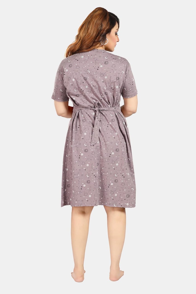 Fabme Women's Printed Pre and Post Pregnancy Pure Cotton Light Chocolate Nursing Nightdress Nighty - Image 2