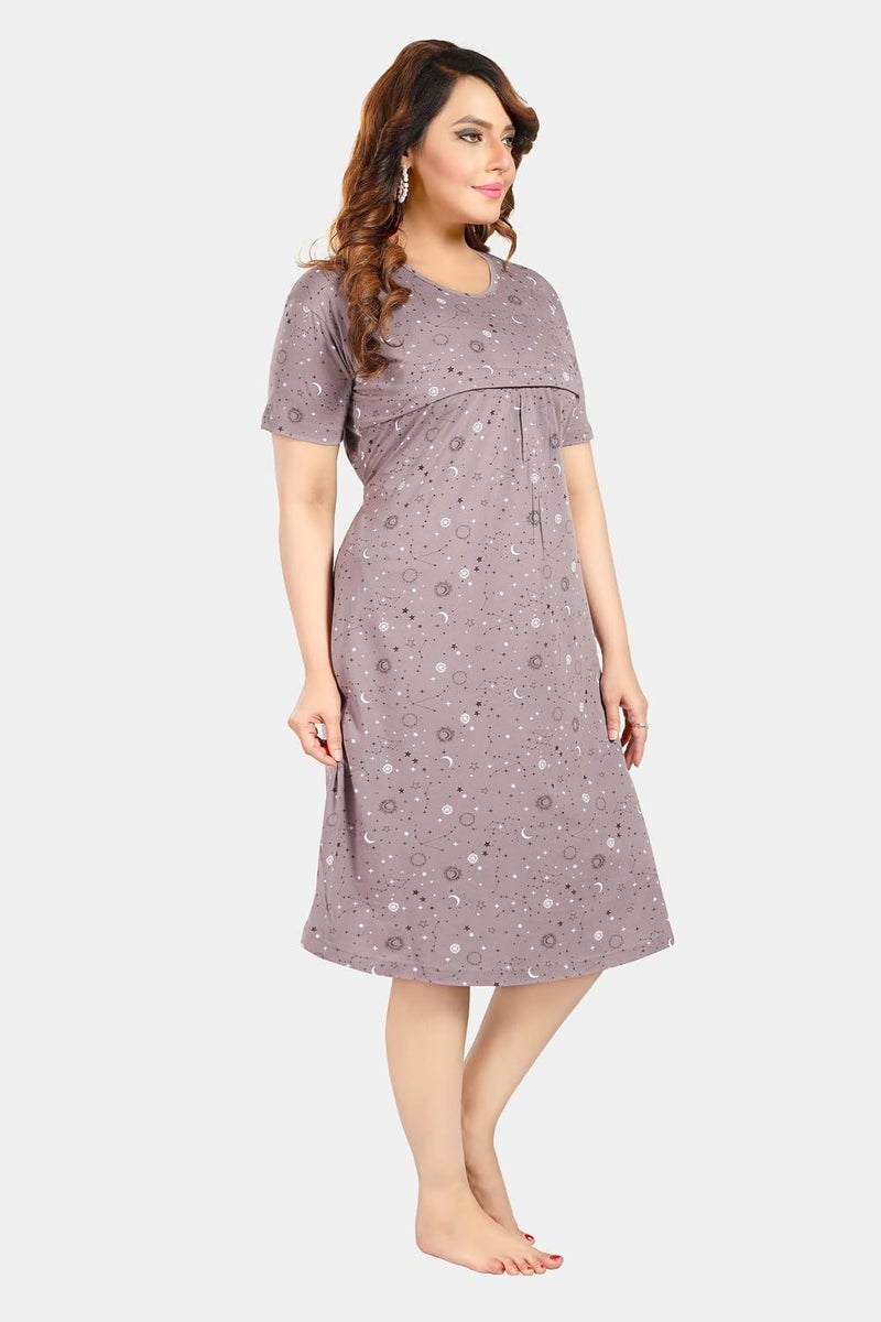 Fabme Women's Printed Pre and Post Pregnancy Pure Cotton Light Chocolate Nursing Nightdress Nighty - Image 4