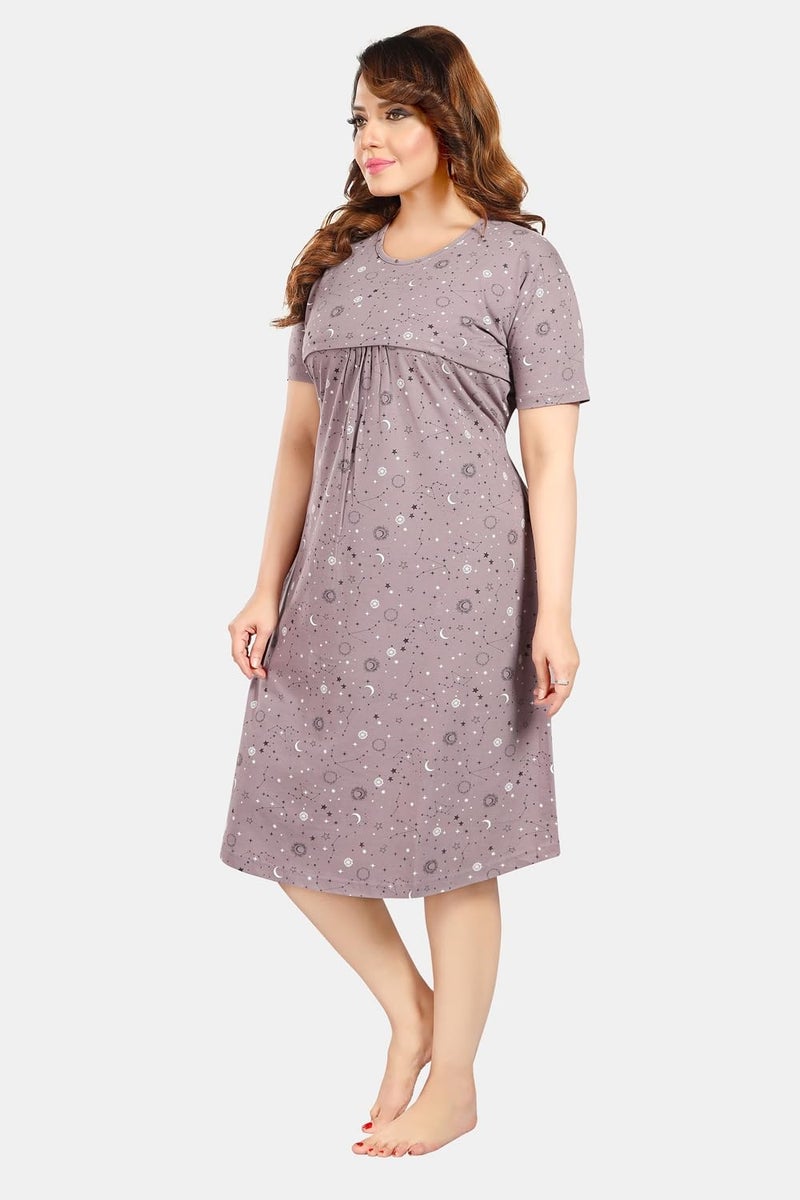 Fabme Women's Printed Pre and Post Pregnancy Pure Cotton Light Chocolate Nursing Nightdress Nighty - Image 5