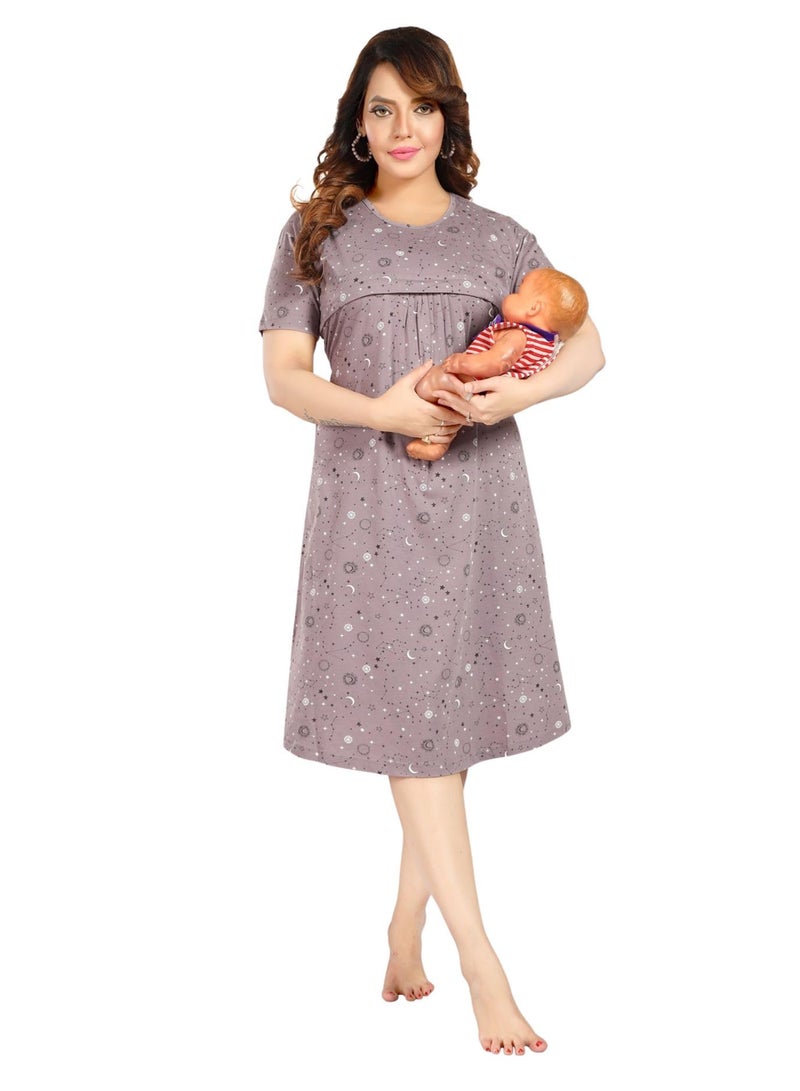 Fabme Women's Printed Pre and Post Pregnancy Pure Cotton Light Chocolate Nursing Nightdress Nighty - Image 1