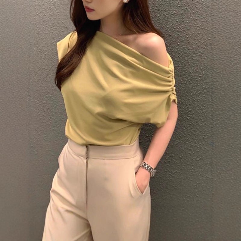 Korean Chic 2026 Summer French Asymmetric Shoulder Loose Solid T-Shirt for Women - Image 2