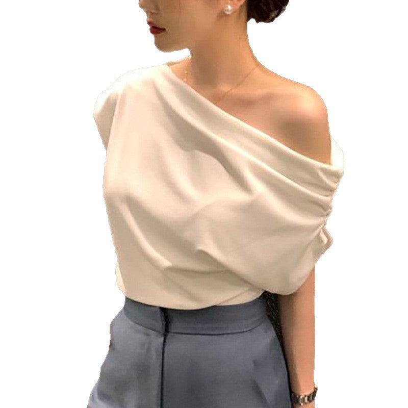 Korean Chic 2026 Summer French Asymmetric Shoulder Loose Solid T-Shirt for Women - Image 4
