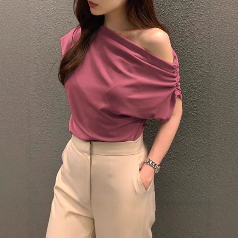 Korean Chic 2026 Summer French Asymmetric Shoulder Loose Solid T-Shirt for Women - Image 3