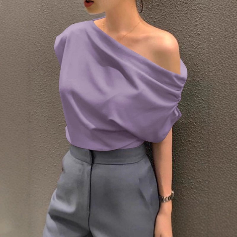 Korean Chic 2026 Summer French Asymmetric Shoulder Loose Solid T-Shirt for Women - Image 1
