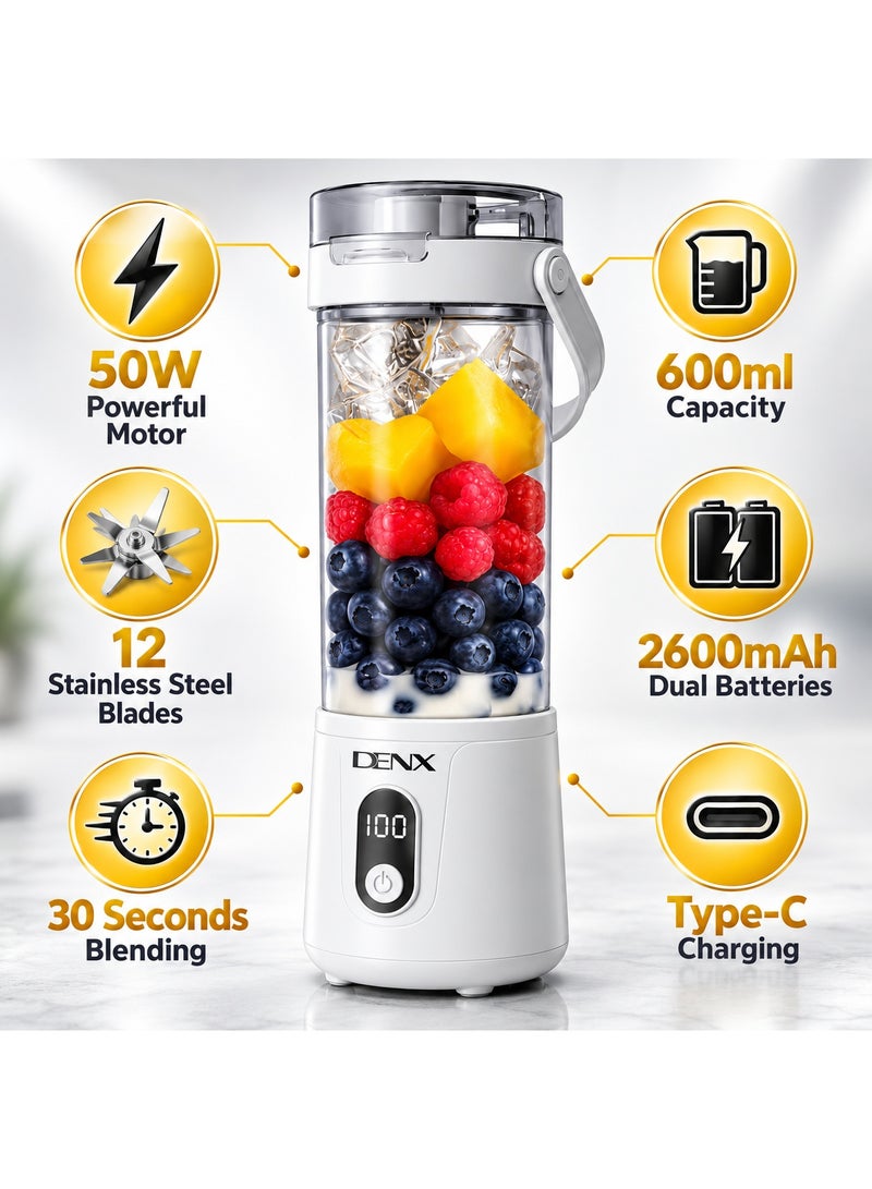 دينكس DENX DX3227 خلاط محمول لاسلكي Portable Blender 600 مل، بلندر وعصارة شخصية قابلة للشحن Type-C، 50 واط، 12 شفرة ستانلس ستيل، للسموذي والعصائر والبروتين شيك، للجيم والسفر والمكتب، أبيض - Image 2