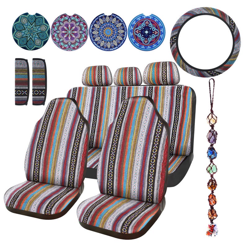 Frienda 14 Pcs Baja Car Seat Covers Full Set Multicolor Stripe Boho Print Steering Wheel Cover Seat Belt Cover Crystal Hanging Ornament Car Holders Fits Stripe Style