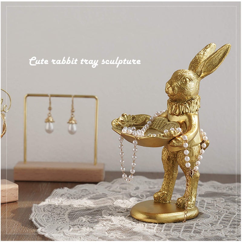 FANTESTICRYAN Small Bunny Statue Decor Jewelry Tray, Cute & Retro Golden Ornament Easter Rabbit Figurine for Accessories, Boutiques Display, Trinket Holder for Night Stand Home DÃ©cor (Standing Bunny) - Image 2