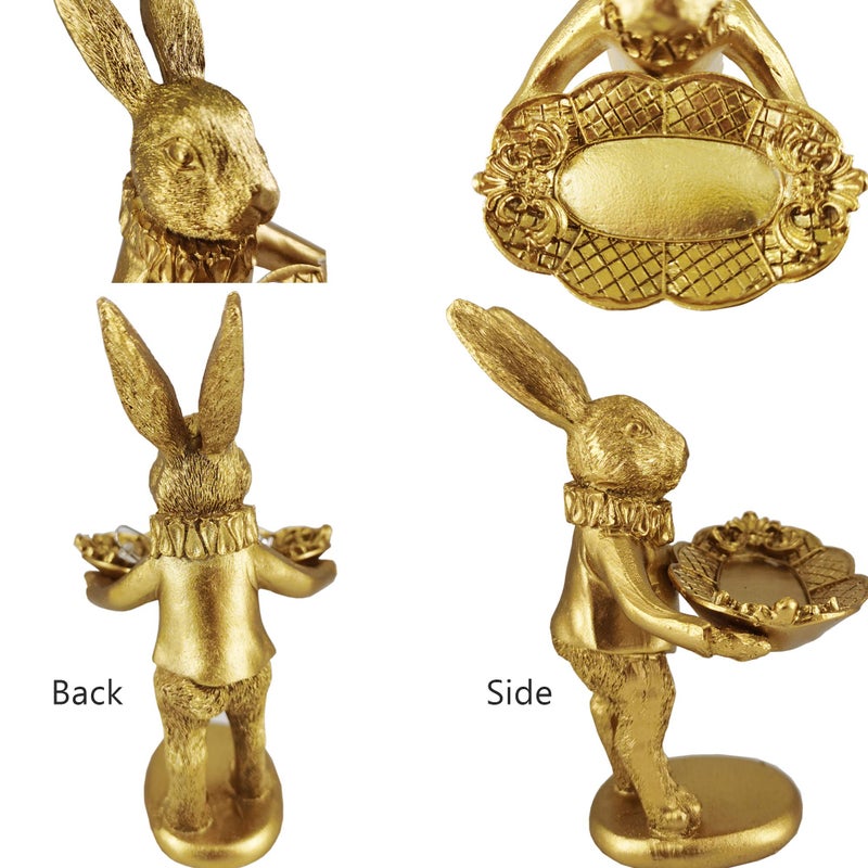 FANTESTICRYAN Small Bunny Statue Decor Jewelry Tray, Cute & Retro Golden Ornament Easter Rabbit Figurine for Accessories, Boutiques Display, Trinket Holder for Night Stand Home DÃ©cor (Standing Bunny) - Image 4