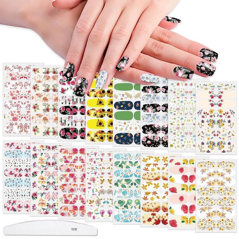 WOKOTO WOKOTO 16 Sheets Flowers Nail Polish Strips Stickers SelfAdhesive Full Wraps for Women Girls Rose Maple Leaf Flower Nail Stickers for Acrylic Nails with Nail File Stik On Nails Strips