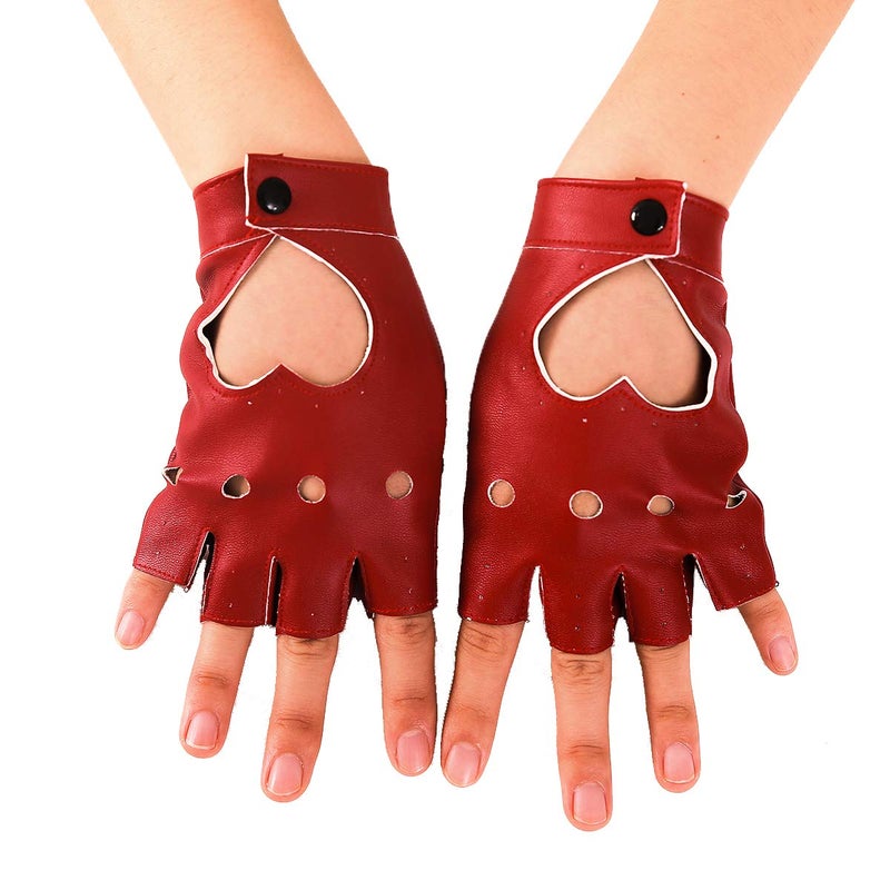 JISEN Women Heart Cutout Punk Half Finger PU Leather Performance Gloves Red - Image 2