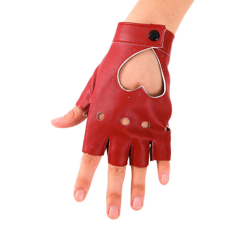 JISEN Women Heart Cutout Punk Half Finger PU Leather Performance Gloves Red - Image 3