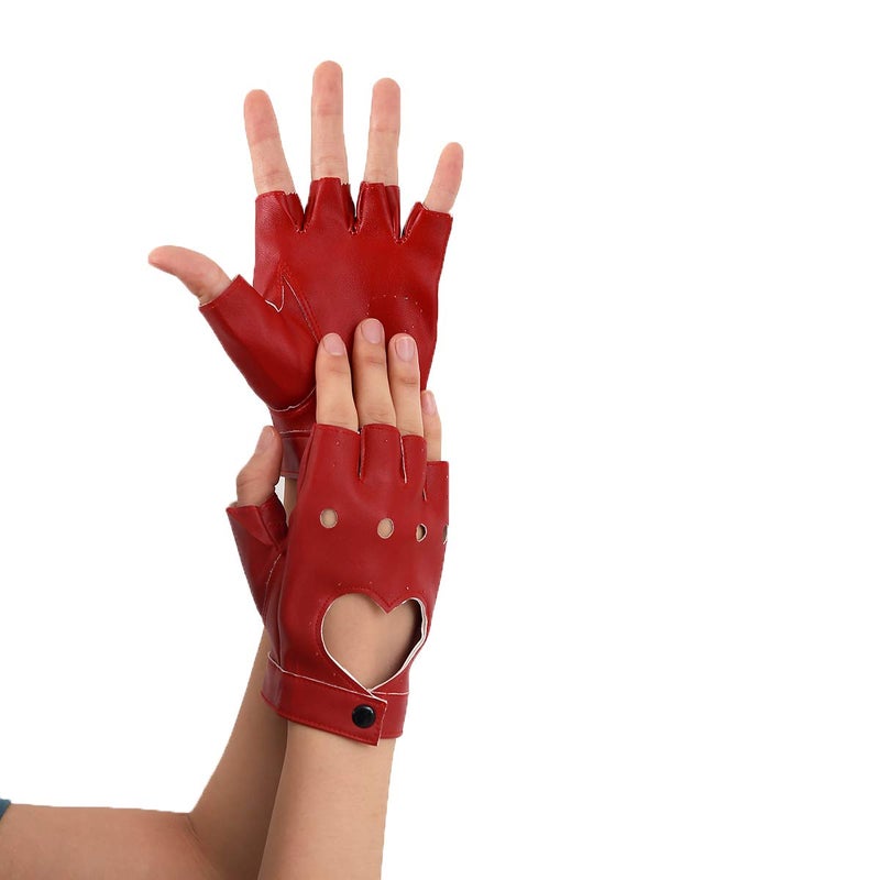 JISEN Women Heart Cutout Punk Half Finger PU Leather Performance Gloves Red - Image 5