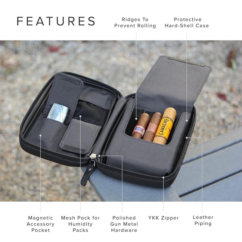 CASE ELEGANCE Klaro Travel Leather Cigar Case, 5 Cigar Storage, 2 Accessory Pockets, Humidification Pocket, Internal Hard-Shell Protection - Black - Image 3