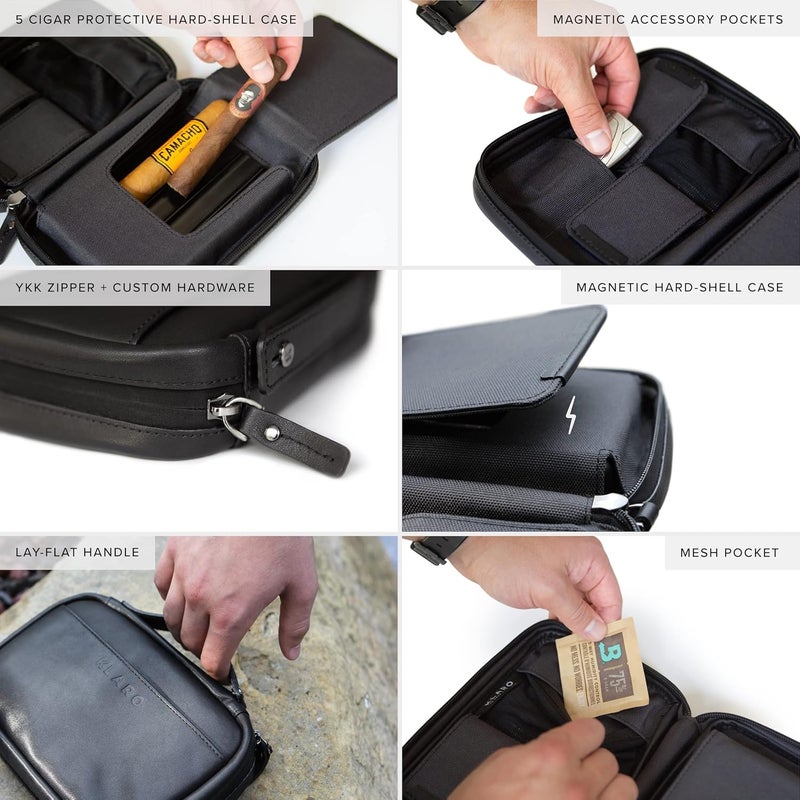 CASE ELEGANCE Klaro Travel Leather Cigar Case, 5 Cigar Storage, 2 Accessory Pockets, Humidification Pocket, Internal Hard-Shell Protection - Black - Image 4