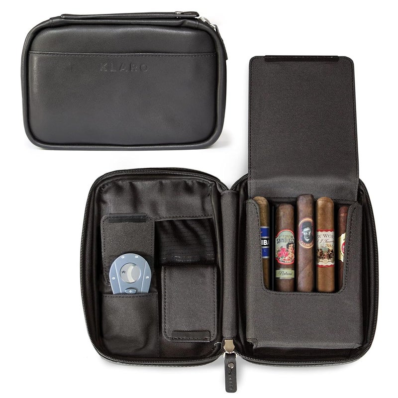 CASE ELEGANCE Klaro Travel Leather Cigar Case, 5 Cigar Storage, 2 Accessory Pockets, Humidification Pocket, Internal Hard-Shell Protection - Black - Image 1