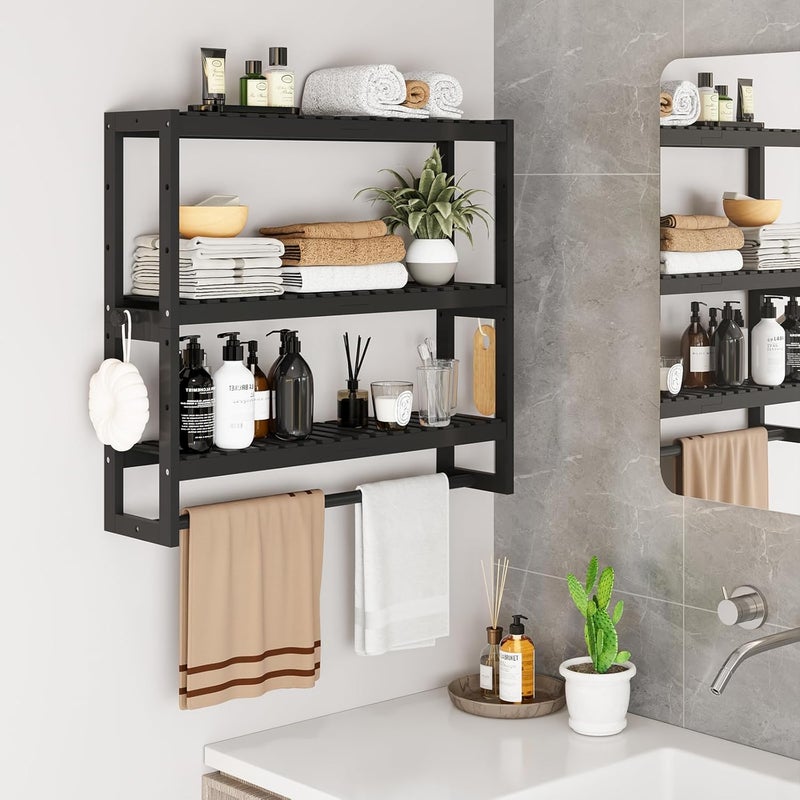 RRX Bathroom Shelf Storage Organizer, Bathroom Shelf 3-Tier Adjustable Layer Bamboo Organizer with Bar, Hanging, Freestanding Over Toilet Utility Shelves, Black - Image 2