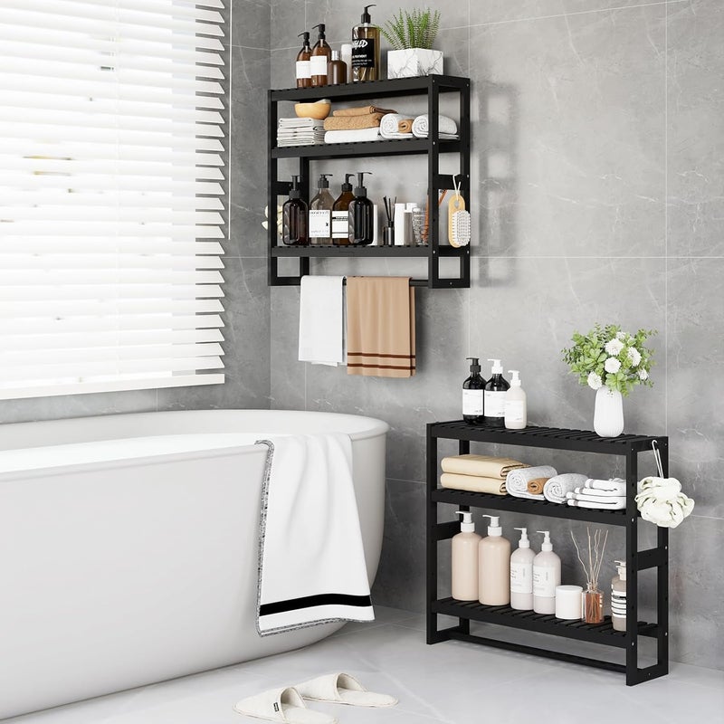 RRX Bathroom Shelf Storage Organizer, Bathroom Shelf 3-Tier Adjustable Layer Bamboo Organizer with Bar, Hanging, Freestanding Over Toilet Utility Shelves, Black - Image 4