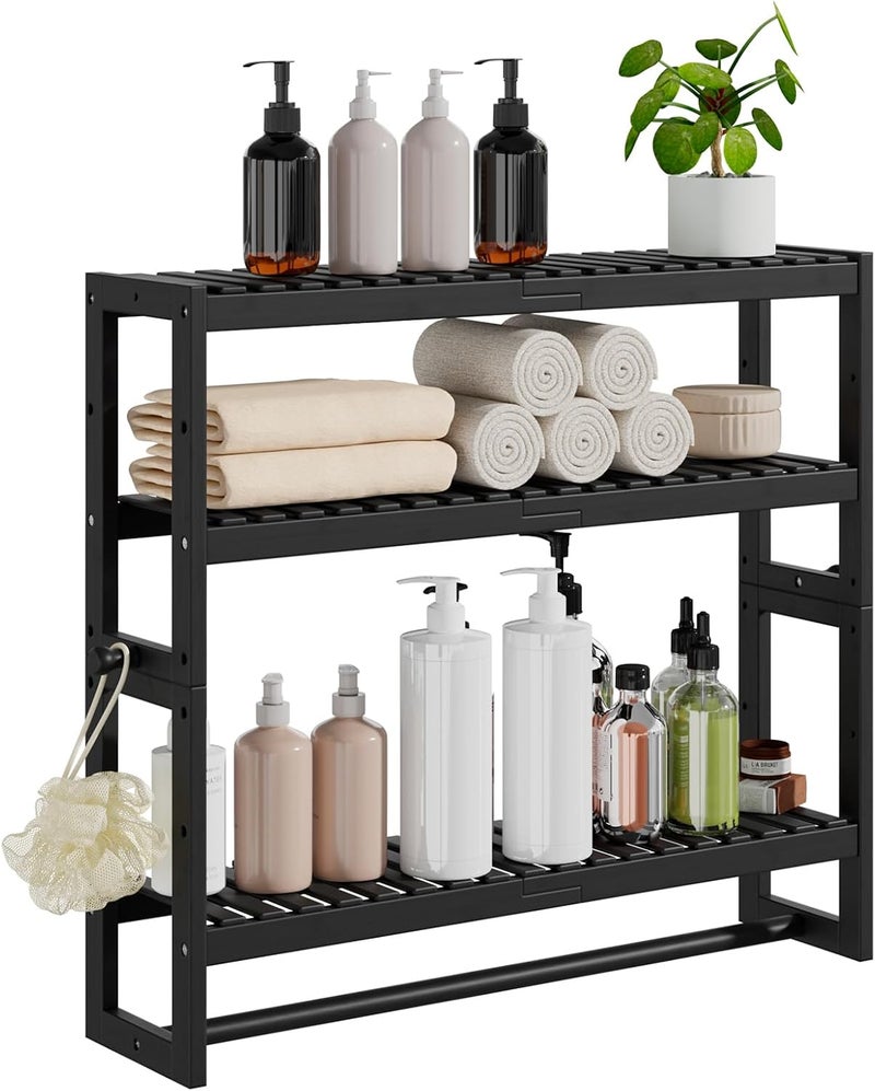 RRX Bathroom Shelf Storage Organizer, Bathroom Shelf 3-Tier Adjustable Layer Bamboo Organizer with Bar, Hanging, Freestanding Over Toilet Utility Shelves, Black - Image 1