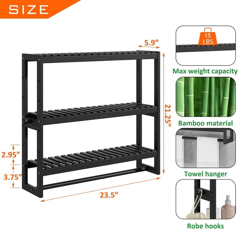 RRX Bathroom Shelf Storage Organizer, Bathroom Shelf 3-Tier Adjustable Layer Bamboo Organizer with Bar, Hanging, Freestanding Over Toilet Utility Shelves, Black - Image 3
