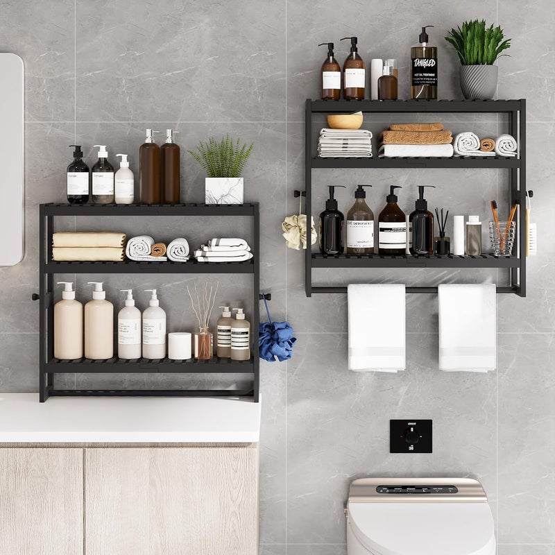 RRX Bathroom Shelf Storage Organizer, Bathroom Shelf 3-Tier Adjustable Layer Bamboo Organizer with Bar, Hanging, Freestanding Over Toilet Utility Shelves, Black - Image 5
