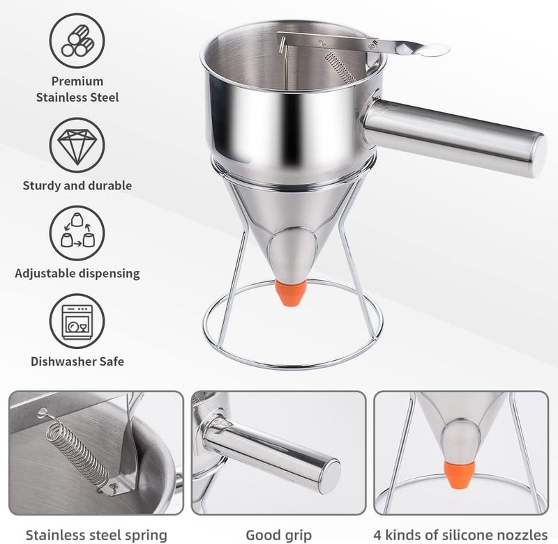 shofilt 20oz Pancake Batter Dispenser, Stainless Steel Funnel Cake Dispenser with 4 Silicone Nozzles, Perfect for Pancakes, Cupcakes, and Funnel Cakes - Image 5