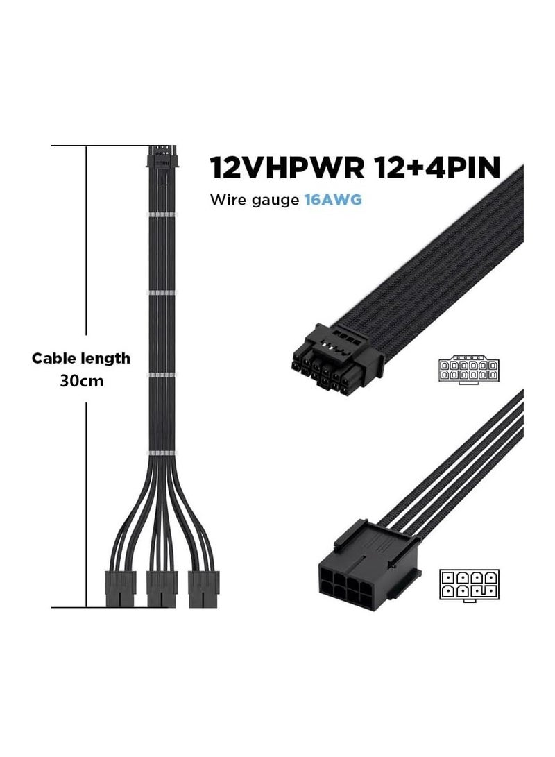 PCI-E 5.0 Extension Cable 16 Pin(12+4) Male to PCIE 3x8Pin(6+2) Female Sleeved Extension Cable with 4 Cable Combs 12VHPWR 16AWG Cable Compatible for GPU RTX 3090Ti 4070Ti 4080 4090 - Image 3