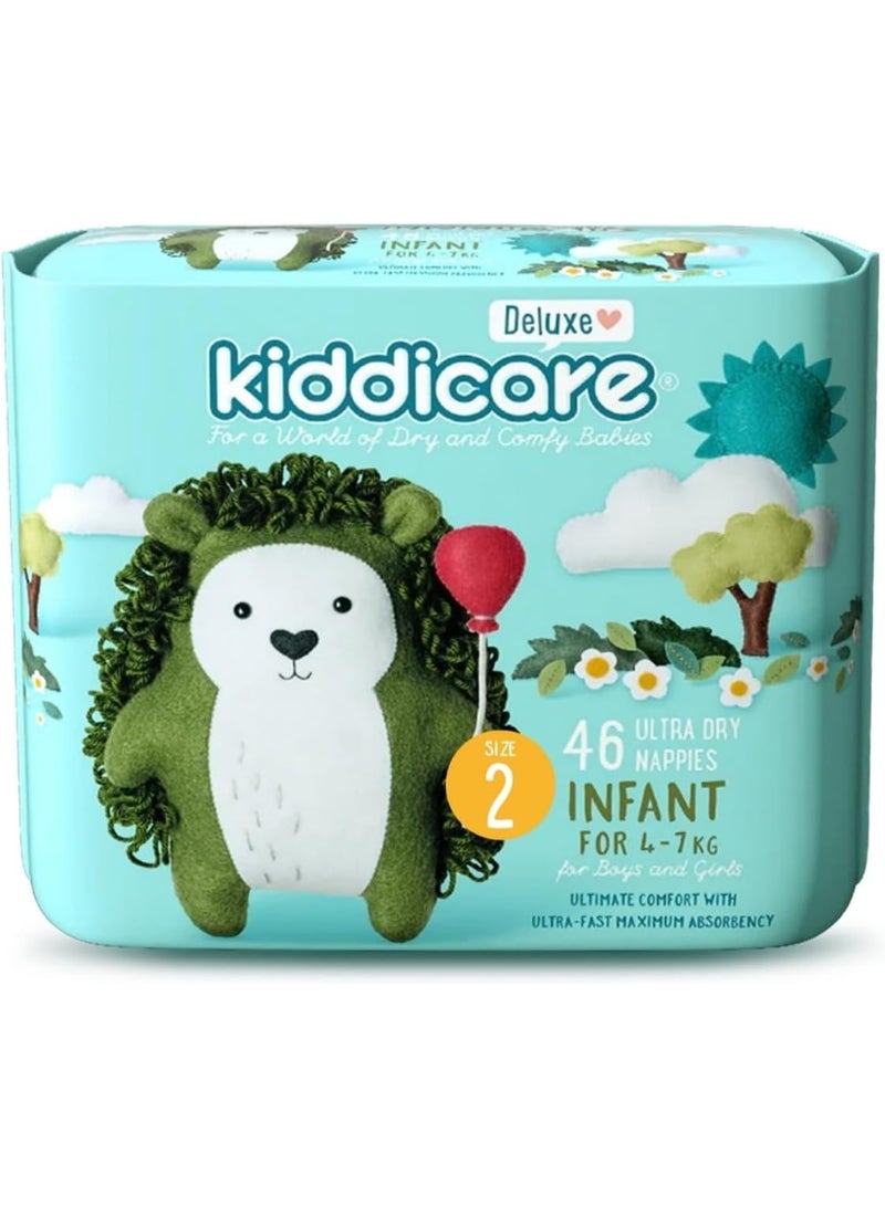 Kiddicare Baby Deluxe Infant Diaper Nappy, Size 2, 46 Count, Leakage Protection, 4-7 kg, Anti Rash, 12 Hours Absorption, Cottony Soft Ultra Fast High Absorb Technology
