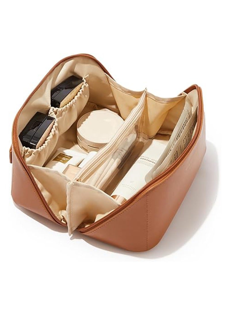 Travel Makeup Bag,Large Capacity Cosmetic Bags for Women,Waterproof Portable Pouch Open Flat Toiletry Bag Make up Organizer with Divider and Handle - Image 1