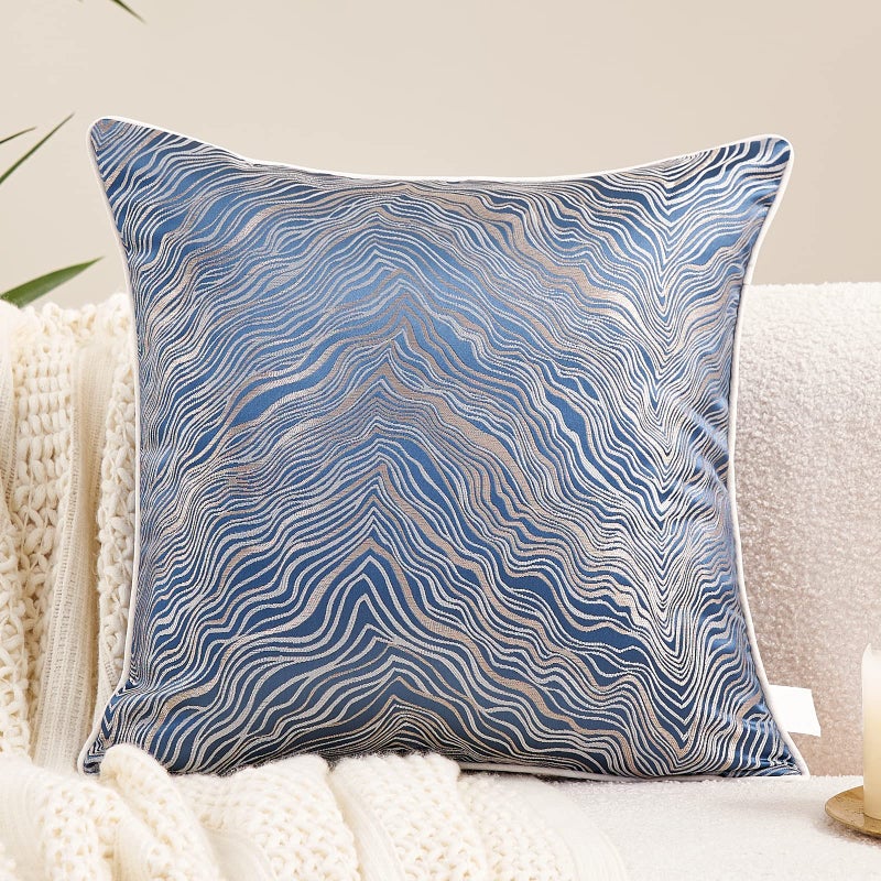Avigers 18 x 18 Inch Square Navy Blue Silver Gold Abstract Striped Embroidery Cushion Case Luxury Modern Throw Pillow Cover Decorative Pillow for Couch Living Room Bedroom Car - Image 1