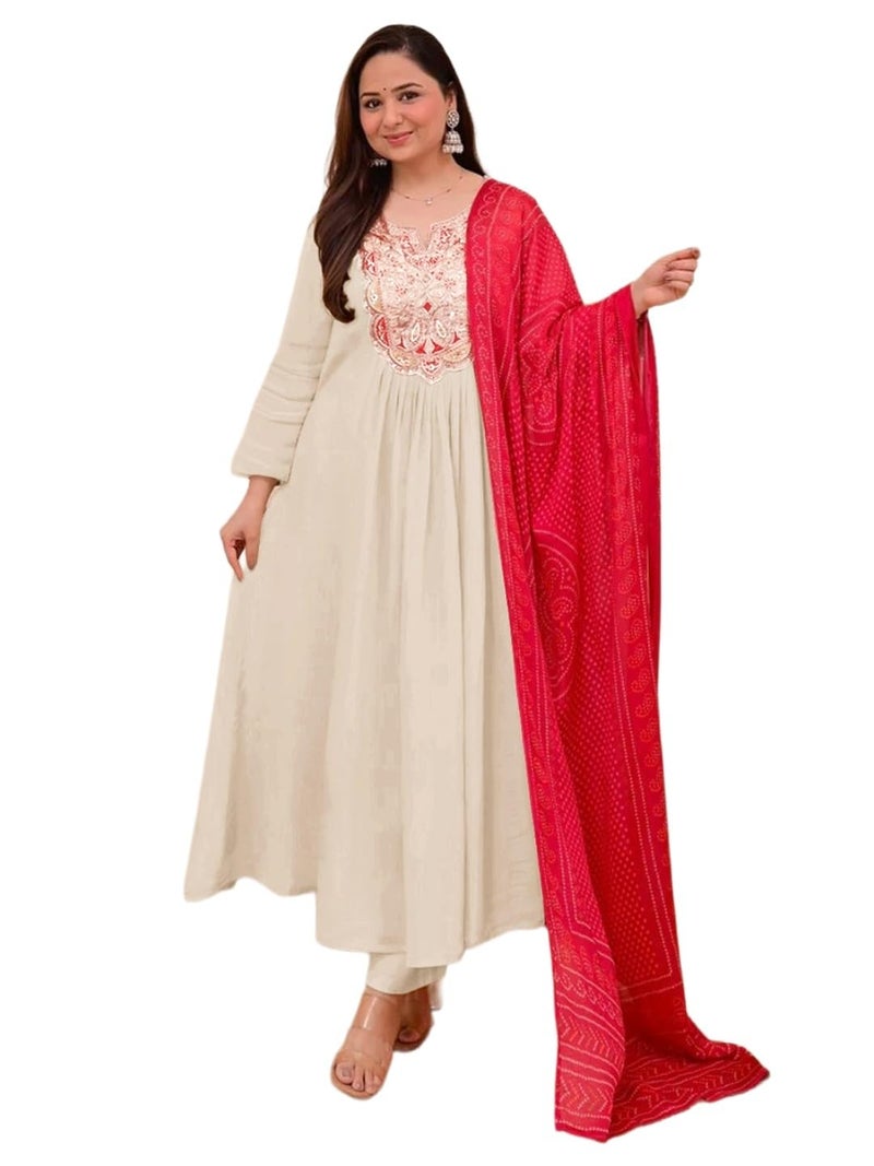 ANNI Designer Women's Rayon Viscose Anarkali Embroidery Kurta with Pant and Dupatta (FAREENA Cream_M_Cream_Medium) - Image 1