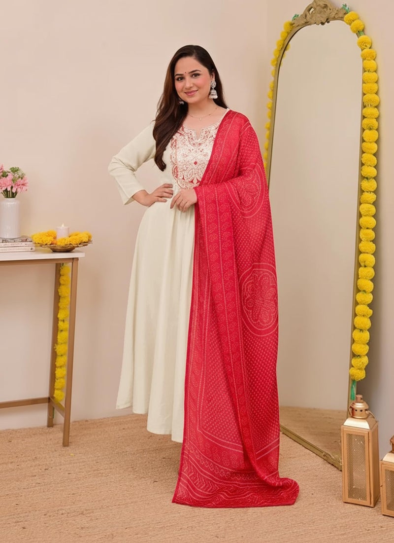 ANNI Designer Women's Rayon Viscose Anarkali Embroidery Kurta with Pant and Dupatta (FAREENA Cream_M_Cream_Medium) - Image 4