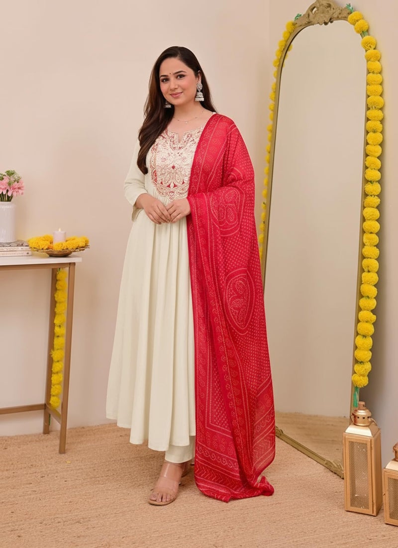 ANNI Designer Women's Rayon Viscose Anarkali Embroidery Kurta with Pant and Dupatta (FAREENA Cream_M_Cream_Medium) - Image 3