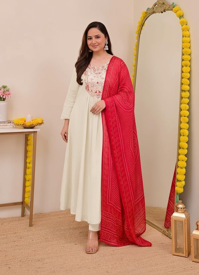 ANNI Designer Women's Rayon Viscose Anarkali Embroidery Kurta with Pant and Dupatta (FAREENA Cream_M_Cream_Medium) - Image 5