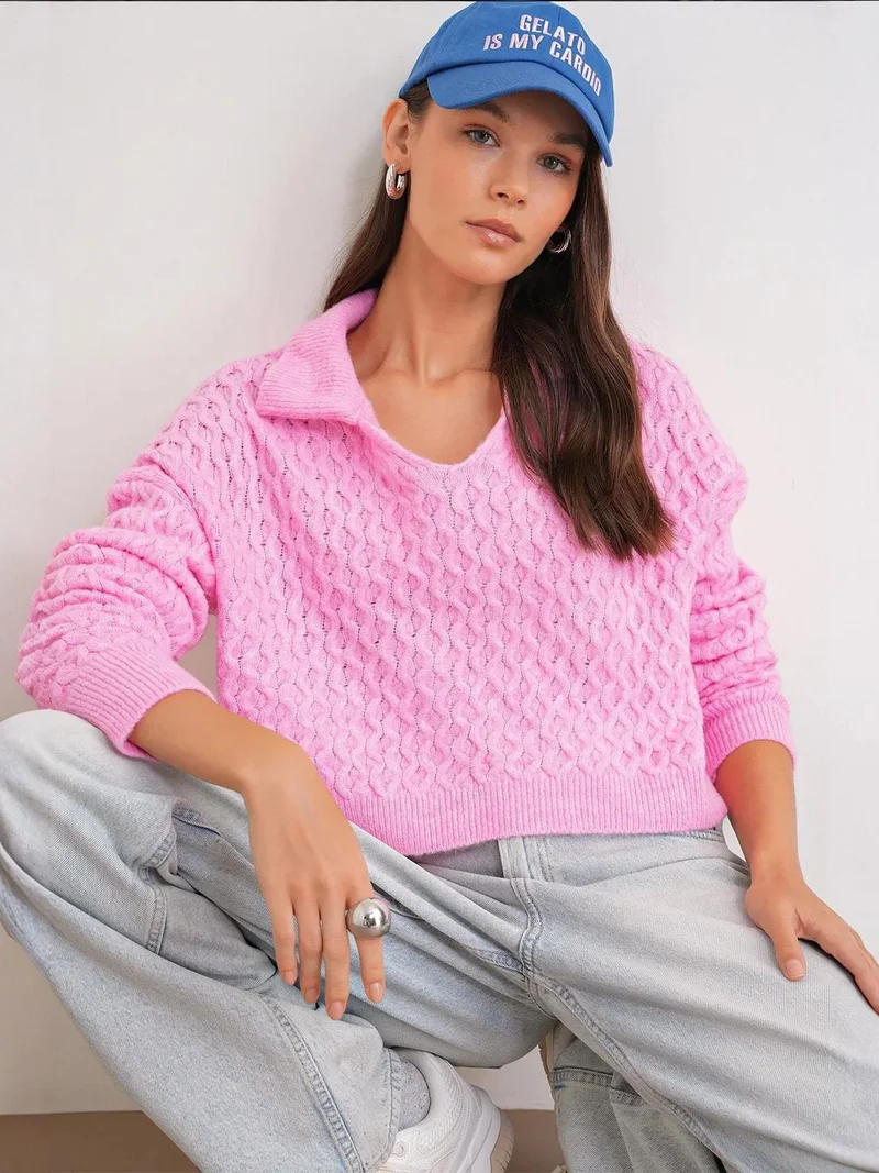 MixRay Powder Pink Mixray Relaxed Fit Crop Sweater with Shirt Collar for Women | Best Price UAE