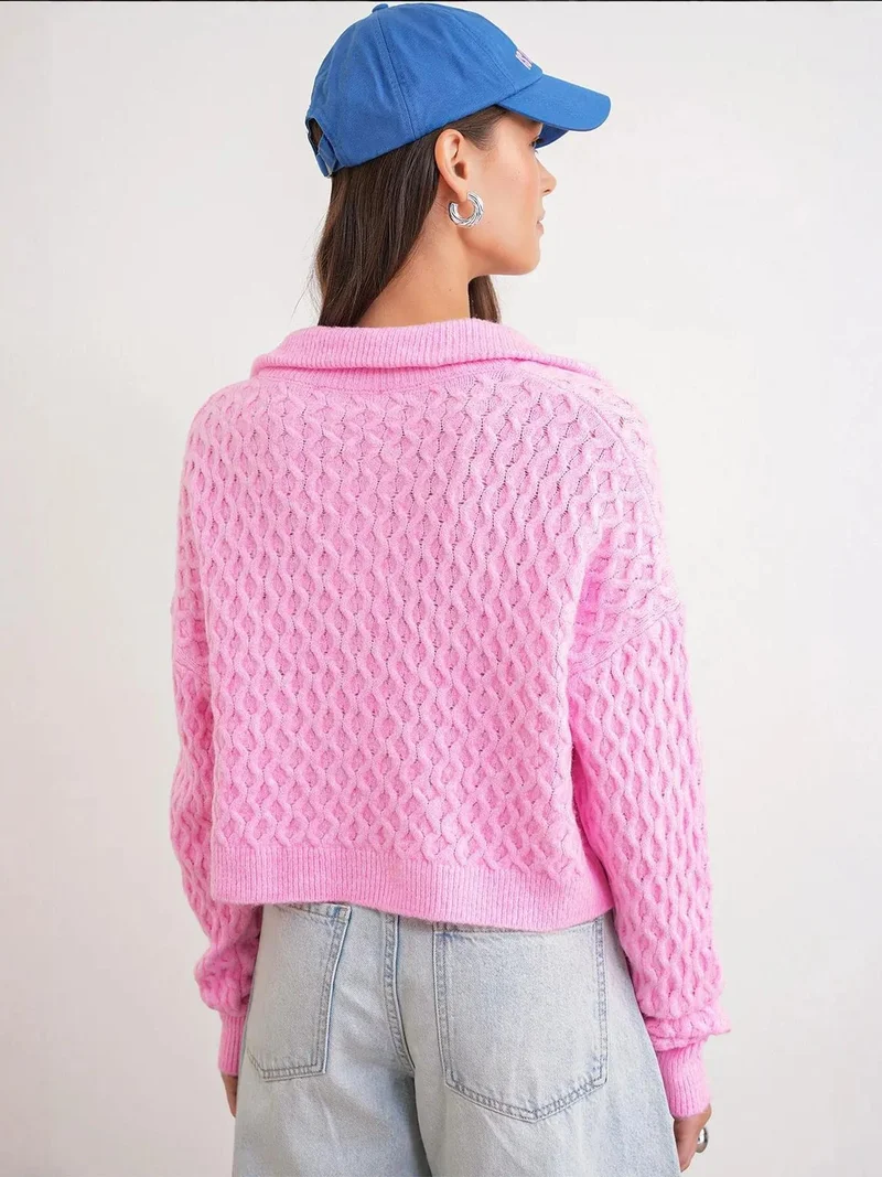 MixRay Powder Pink Mixray Relaxed Fit Crop Sweater with Shirt Collar for Women | Best Price UAE